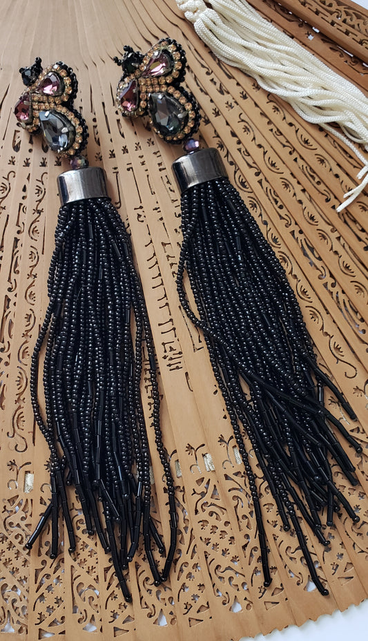 LONG BLACK TASSEL BEADED EARRINGS STUDS